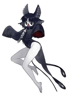 1girl bare_legs barefoot black_eyes black_hair black_leotard collar copyright_request floating_hair groin haiyahaiyohai highres leotard long_sleeves looking_at_viewer monster_girl open_mouth outstretched_arms sharp_teeth short_hair shub-niggurath sideways_mouth simple_background sleeves_past_fingers sleeves_past_wrists solo teeth tentacle_hair tentacles train_(clothing) two-sided_fabric white_background wide_sleeves zombie_pose