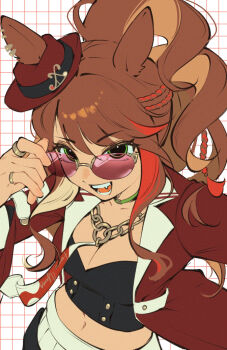 1girl :d animal_ears bea_lenoir braid breasts brown_hair chain choker cleavage commentary crop_top ears_through_headwear fang fedora forever_young_(racing)_(umamusume) forever_young_(umamusume) green_choker green_eyes grid_background hat horse_ears horse_girl jacket jewelry large_breasts long_hair long_sleeves looking_at_viewer midriff multicolored_hair navel necktie open_mouth purple-tinted_eyewear red_hat red_jacket red_necktie red_streaks ring simple_background skirt smile solo streaked_hair tinted_eyewear two-tone_necktie umamusume v-shaped_eyebrows white_background white_necktie white_skirt