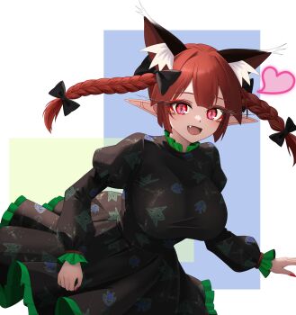 Rule 34 | 1girl, :d, absurdres, animal ear fluff, animal ears, black bow, black dress, bow, braid, breasts, cat ears, cat tail, commentary request, dress, extra ears, fang, hair bow, heart, highres, kaenbyou rin, large breasts, long hair, looking at viewer, open mouth, patterned clothing, pointy ears, red eyes, red hair, side braids, slit pupils, smile, solo, sugar you, tail, touhou, twin braids