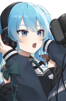 1girl absurdres black_choker black_dress blue_eyes blue_hair blue_jacket bow choker collared_dress commentary_request cross-laced_clothes cross-laced_sleeves dress green_bow green_ribbon hair_between_eyes headphones highres hololive hoshimachi_suisei hoshimachi_suisei_(casual) jacket k0xxn lace lace_choker long_hair long_sleeves microphone music official_alternate_costume official_alternate_hairstyle open_mouth pop_filter quilted_jacket ribbon simple_background singing solo sony star_(symbol) star_in_eye studio_microphone symbol_in_eye teeth upper_body upper_teeth_only virtual_youtuber white_background