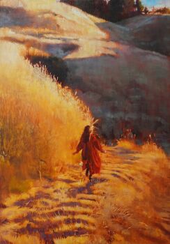 1girl day full_body grass highres hill kazuho_iwamoto looking_back looking_down mountain original shadow sunlight sunset