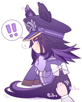 ! !! 1girl 1other animal_ears black_hair blush bow bowtie closed_mouth ears_through_headwear fenomeno_(umamusume) flipped_hair hat highres horse_ears horse_girl horse_tail horseshoe_hat_ornament horseshoe_ornament long_hair long_sleeves looking_at_viewer looking_back multicolored_hair peaked_cap petting purple_eyes purple_hair purple_sailor_collar purple_serafuku purple_shirt purple_skirt purple_thighhighs sailor_collar sailor_shirt school_uniform serafuku shirt simple_background sitting skirt solo_focus speech_bubble spoken_exclamation_mark tail thighhighs tracen_school_uniform turning_head umamusume w3n6e white_bow white_bowtie