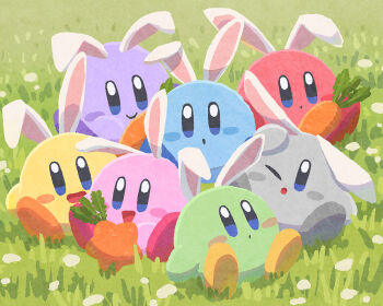 :d animal_ears blue_eyes blush_stickers carrot closed_mouth commentary_request day easter grass kirby kirby_(series) miclot nintendo no_humans one_eye_closed open_mouth outdoors rabbit_ears sitting smile