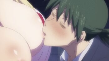 &gt;_&lt; 1boy 2girls animated animated_gif blonde_hair breast_sucking breasts grabbing_another&#039;s_ear hetero hoshigaoka_yuri large_breasts long_hair multiple_girls nipples nobunaga_sensei_no_osanazuma tagme