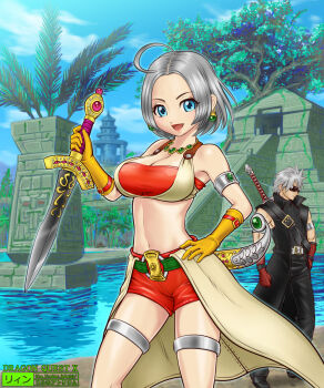 1boy 1girl :d ahoge architecture armlet bandeau blue_eyes breasts coat copyright_name dagger dragon_quest dragon_quest_x earrings gem gloves hand_on_own_hip highres holding holding_weapon jewelry knife large_breasts looking_at_viewer maya_(culture) mayan mesoamerican_architecture midriff necklace open_mouth overcoat raul_(dq10) red_shorts riin_(dq10) short_hair shorts silver_hair smile solo_focus sunglasses thigh_strap ur_(wulfa) water watermark weapon web_address