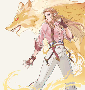 Rule 34 | 1girl, blonde hair, breasts, cleavage, cowboy shot, earrings, fighting stance, fingerless gloves, giovanna (guilty gear), gloves, highres, jewelry, kurokawa karasu, long hair, medium breasts, nintendo, pants, parted bangs, parted lips, pink shirt, pointy ears, princess zelda, red eyes, rei (guilty gear), shirt, sidelocks, sleeves rolled up, suspenders, the legend of zelda, the legend of zelda: ocarina of time, white background, white pants