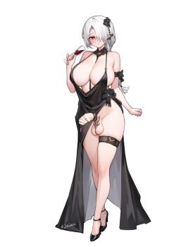 1girl alcohol arm_strap artist_name bar_censor between_breasts black_dress black_flower black_shoes blush braid breasts censored collarbone cup dress evening_gown flower full_body futanari hair_flower hair_ornament high_heels highres holding holding_cup long_hair long_sleeves looking_at_viewer no_panties parted_lips pelvic_curtain penis penis_piercing piercing plunging_neckline pointy_ears red_eyes shoes simple_background single_braid skindentation sleeveless sleeveless_dress solo standing stmast testicles thigh_strap twitter_username veins veiny_penis white_background wine