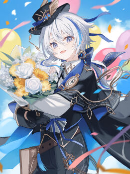 Rule 34 | 1boy, balloon, belt, black gloves, blue eyes, blue sky, blue streak, book, bouquet, brooch, cape, chain, cloud, coat, colorful background, commentary request, confetti, earrings, fantasy outfit, feathered hat, flower, flower bouquet, full body, gloves, hat, highres, holding, holding bouquet, holding flower, indie virtual youtuber, jewelry, kleinod (vtuber), looking at viewer, multicolored hair, multiple balloons, namiki itsuki, open mouth, outdoors, pocket watch, ribbon hat, rose, second-party source, short hair, single earring, sky, smile, solo, standing, streaked hair, streamers, watch, white flower, white hair, white rose, yellow flower