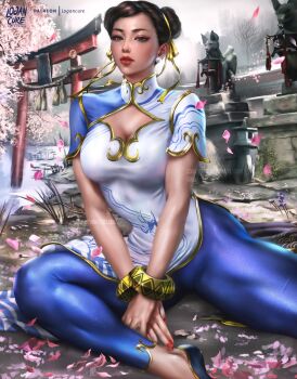 1girl blue_leggings bracelet breasts capcom chun-li cleavage_cutout clothing_cutout flats gold_trim hair_pulled_back hair_ribbon highres jewelry large_breasts leggings lips logan_cure nail_polish petals realistic ribbon sitting solo street_fighter
