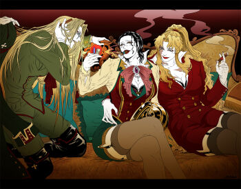 3girls amputee androgynous balalaika_(black_lagoon) biliken black_hair black_lagoon blonde_hair blue_eyes boots bow bra breasts burn_scar cigar cigarette cleavage couch crocodile_(one_piece) crossed_legs crossover evil_smile fingernails formal_clothes garter_straps genderswap genderswap_(mtf) glasses gloves hand_on_another's_hip hellsing hook integra_hellsing kneeling large_breasts lighter lipstick long_fingernails long_hair makeup mole mole_under_eye multiple_girls one_piece open_mouth pencil_skirt pillow ponytail scar short_hair sitting skirt skirt_suit smile smoke smoking suit thighhighs underwear uniform very_long_hair wavy_hair