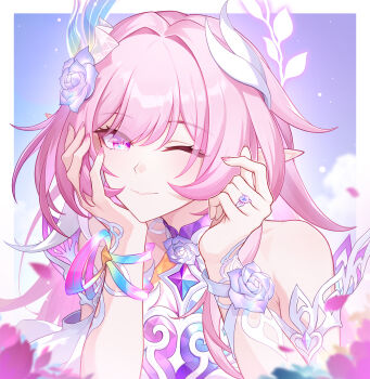 1girl ;) absurdres bare_shoulders border breasts cyrene_(honkai:_star_rail) cyrene_(ripples_of_past_reverie)_(honkai:_star_rail) diamond-shaped_pupils diamond_(shape) dress flower hair_flower hair_ornament halo highres honkai:_star_rail honkai_(series) jewelry long_hair multicolored_hair one_eye_closed pink_hair pointy_ears purple_eyes ring smile solo symbol-shaped_pupils two-tone_hair upper_body very_long_hair via_shinan wedding_ring white_border white_dress white_hair