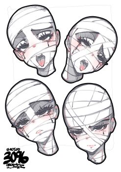 1girl absurdres black_eyes black_outline closed_mouth commentary english_commentary head_only highres jrpencil looking_at_viewer makeup multiple_expressions multiple_views mummy_costume narrowed_eyes open_mouth original outline raised_eyebrow raised_inner_eyebrows rolling_eyes runny_makeup serious simple_background tongue tongue_out white_background