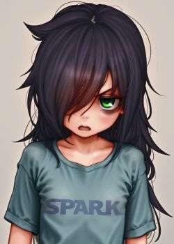 Rule 34 | 1girl, absurdres, bags under eyes, black hair, blue shirt, blush, breasts, close-up, expressionless, green eyes, hair over one eye, highres, kuroki tomoko, long hair, looking at viewer, messy hair, mixed-language commentary, rahime, shirt, small breasts, solo, upper body, watashi ga motenai no wa dou kangaetemo omaera ga warui!