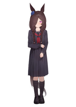 1girl absurdres alternate_costume alternate_hairstyle animal_ears black_hair black_sailor_collar black_serafuku black_shirt black_shoes black_skirt black_socks blush braid full_body hair_over_one_eye highres horse_ears horse_girl horse_tail loafers long_hair long_sleeves looking_at_viewer low_twin_braids neckerchief pleated_skirt purple_eyes red_neckerchief rice_shower_(umamusume) sailor_collar school_uniform serafuku shirt shoes simple_background skirt socks solo standing tail theflatfacadeds twin_braids umamusume white_background
