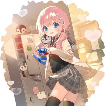 1girl adelina_blue aqua_eyes bird black_sailor_collar black_thighhighs bow bowtie chocolate coat food holding holding_chocolate holding_food locker locker_room long_hair low_twintails penguin pink_hair red_bow red_bowtie sailor_collar school school_uniform sidelocks thighhighs twintails uchi_no_hime-sama_ga_ichiban_kawaii yamiya_(8_18dlq)