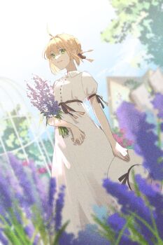 1girl \||/ ahoge artoria_pendragon_(fate) black_ribbon blonde_hair blue_sky braid bush cage collared_dress dress fate/stay_night fate_(series) flower garden green_eyes hair_between_eyes hair_bun hair_ribbon hat hat_ribbon highres holding holding_flower holding_unworn_clothes holding_unworn_hat house juliet_sleeves lilac long_hair long_sleeves looking_at_viewer outdoors plant puffy_sleeves purple_flower ribbon roku_(ntbr_fate) saber_(fate) short_sleeves sidelocks single_braid single_hair_bun sky smile solo sun_hat sunlight tree unworn_hat unworn_headwear waistband white_dress white_hat