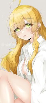 1girl absurdres ahoge bisumaru blonde_hair blush borrowed_clothes grey_background highres hoshii_miki idolmaster idolmaster_(classic) idolmaster_million_live! idolmaster_million_live!_theater_days long_hair naked_shirt oversized_clothes oversized_shirt shirt white_shirt