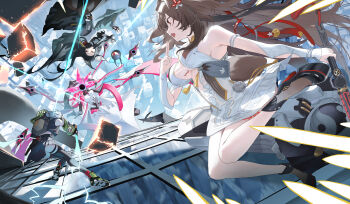 3girls absurdres anby_demara animal_ear_fluff animal_ears aqua_jacket arm_out_of_sleeve armlet bare_shoulders black_gloves black_hair black_shoes black_skirt black_thighhighs bracelet breasts brown_hair brown_pantyhose brown_tail building china_dress chinese_clothes cityscape clover clover_hair_ornament commentary detached_sleeves dress droopy_ears english_commentary ethereal_(zenless_zone_zero) falling fingerless_gloves floating_hair fox_ears fox_girl gauntlets gloves green_sleeves grey_hair hair_ornament hairband headphones high-waist_skirt highres holding holding_sword holding_weapon hoshimi_miyabi jacket jewelry katana kuji-in leg_tattoo long_hair medium_breasts metal_bracelet motion_blur multicolored_sleeves multiple_girls nineveh_(zenless_zone_zero) open_mouth outdoors pantyhose pelvic_curtain red_eyes sb_lama sheath shirt shoes short_hair silver_armlet silver_bracelet single_fingerless_glove single_gauntlet skirt skyscraper sword tail tailless_(zenless_zone_zero) tattoo thighhighs very_long_hair weapon white_dress white_hairband white_shirt ye_shunguang zenless_zone_zero