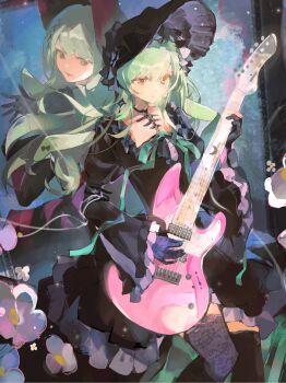 2girls animal_ears arknights back-to-back bang_dream! bang_dream!_it&#039;s_mygo!!!!! black_bonnet black_dress black_gloves black_thighhighs bonnet closed_mouth different_reflection dress dual_persona expressionless floppy_ears flower frilled_dress frilled_sleeves frills full-length_mirror gloves gothic_lolita green_hair guitar hair_ornament highres holding holding_guitar holding_instrument instrument lolita_fashion long_hair long_sleeves looking_back mirror mortis_(bang_dream!) mortis_(costume)_(bang_dream!) mortis_(persona)_(bang_dream!) multiple_girls rabbit_ears rabbit_girl reflection sidelocks smile standing thighhighs wakaba_mutsumi wakaba_mutsumi_(marionette&#039;s_id) white_flower x_hair_ornament xue_lang_po_jun_qianqi yellow_eyes