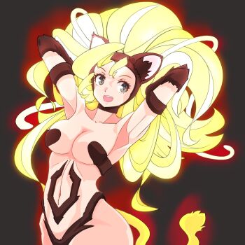 1girl animal_ears armpits black_fur blonde_hair breasts cat_ears cat_girl cat_tail dark_background darkstalkers felicia_(darkstalkers) grey_eyes long_hair medium_breasts msl2go tail teeth upper_teeth_only very_long_hair wide_hips