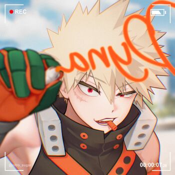1boy bakugou_katsuki black_shirt blonde_hair boku_no_hero_academia gloves green_gloves highres holding holding_pen male_focus mouth_hold multicolored_gloves open_mouth orange_gloves pen red_eyes scar scar_on_face seoltang_(nitro_sugar) shirt short_hair solo spiked_hair turtleneck writing