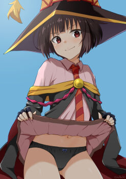 >:) 1girl absurdres black_cloak black_gloves black_hair black_hat black_panties blue_background blunt_bangs blush breasts cloak closed_mouth clothes_lift collared_shirt commentary_request cowboy_shot eyelashes fingerless_gloves flashing gloves hair_between_eyes hat head_tilt highres kono_subarashii_sekai_ni_bakuen_wo! kono_subarashii_sekai_ni_shukufuku_wo! lifting_own_clothes looking_at_viewer megumin naughty_face navel necktie orange_necktie paid_reward_available panties pantyshot pink_shirt pink_skirt red_eyes red_necktie shirt short_hair sidelocks signature simple_background sirokohi skirt skirt_lift small_breasts smile smug solo standing striped_necktie underwear v-shaped_eyebrows witch_hat