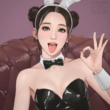 1girl animal_ears black_bow black_bowtie black_hair black_leotard bow bowtie breasts collar collarbone couch detached_collar double_bun earrings grey_eyes hair_bun jewelry kawa_kit leotard lips looking_at_viewer ok_sign on_couch original pale_skin pearl_earrings playboy_bunny rabbit_ears realistic small_breasts solo strapless strapless_leotard teeth tongue tongue_out upper_teeth_only white_collar white_wrist_cuffs wrist_cuffs
