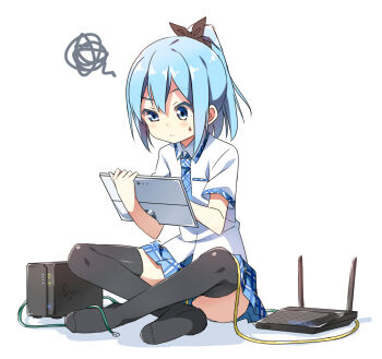 1girl antennae black_thighhighs blue_eyes blue_necktie blush bow cable checkered_clothes checkered_skirt drawing drawing_board female_focus hair_bow hatsunatsu machinery microsoft necktie original ponytail router shirt short_hair short_sleeves simple_background sitting skirt solo squiggle sweatdrop synology tablet_pc thighhighs white_background white_shirt wi-fi_router zettai_ryouiki