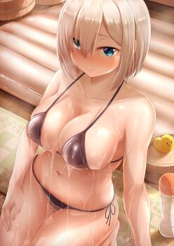 Rule 34 | 1girl, air mattress, alternate costume, bare arms, bare legs, bare shoulders, bathroom, bikini, bikini day, black bikini, blue eyes, blush, bottle, breasts, cleavage, closed mouth, collarbone, eyes visible through hair, grey hair, hair ornament, hair over one eye, hairclip, halterneck, hamakaze (kancolle), hashtag-only commentary, highres, indoors, kantai collection, large breasts, looking at viewer, lotion, lotion bottle, lube, navel, nicoby, rubber duck, seiza, short hair, side-tie bikini bottom, sitting, soapland, solo, steam, string bikini, suggestive fluid, swimsuit, wet, wet hair