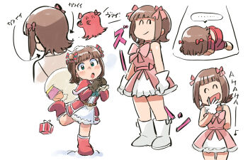 1girl :o amami_haruka boots bow box brown_hair closed_eyes cute_&amp;_girly_(idolmaster) dress gift gift_box gloves green_eyes hair_bow heart idolmaster idolmaster_(classic) idolmaster_1 laughing looking_at_viewer multiple_hair_bows multiple_views octopus open_mouth pink_bow pink_dress red_dress santa_costume short_hair simple_background snow_strawberry_(idolmaster) speech_bubble spoken_heart standing tsubobot white_background white_boots white_gloves