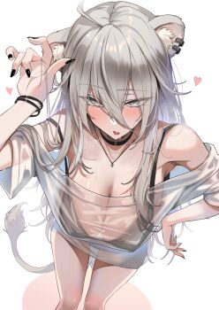Rule 34 | absurdres, ahoge, animal ear piercing, animal ears, black bra, black choker, bra, breasts, choker, commentary request, covered erect nipples, double-parted bangs, fang, grey eyes, grey hair, hair between eyes, hand on own hip, hand up, highres, hololive, jewelry, large breasts, lion ears, lion girl, lion tail, long hair, long hair between eyes, looking at viewer, loose clothes, loose shirt, messy hair, necklace, no pants, official alternate costume, official alternate hairstyle, omoti (1201208), open mouth, see-through clothes, see-through shirt, shirt, shishiro botan, shishiro botan (midnight convenience store), simple background, skin fang, t-shirt, tail, underwear, virtual youtuber, white background, white shirt