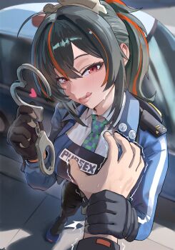 1boy 1girl :q absurdres black_gloves black_hair blue_jacket blush breasts checkered_necktie collared_shirt cuffs gloves hair_between_eyes handcuffs high-waist_pants highres holding holding_another's_wrist holding_handcuffs holster jacket large_breasts licking_lips long_hair looking_at_viewer multicolored_hair naughty_face necktie neps_badge_(zenless_zone_zero) nisakusa pants police police_badge police_uniform policewoman ponytail pov red_eyes red_streaks shirt shoulder_holster smile streaked_hair tight_clothes tight_pants tongue tongue_out white_shirt wise_(zenless_zone_zero) zenless_zone_zero zhu_yuan