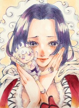 1girl aegyo_sal blush boa_hancock cape closed_mouth eyelashes hagoromo hands_on_own_face highres holding holding_stuffed_toy hood hooded_cape long_hair looking_to_the_side mixed-language_commentary momopine_op monkey_d._luffy one_piece shawl sidelocks smile stuffed_animal stuffed_toy traditional_media white_hair