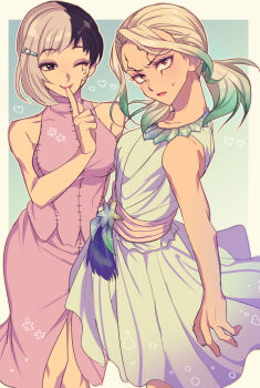 2boys alternate_breast_size_(larger) arm_at_side arm_behind_back asagiri_gen bare_arms bare_shoulders black_eyes border breast_padding breasts brown_eyes closed_mouth covered_collarbone cracked_face crossdressing crossdressing_(mtf) curtained_hair dr._stone dress eyelashes eyeshadow feminization floral_print_shirt girly_boy gradient_background gradient_hair grey_dress hair_ornament hairclip highres ishigami_senkuu lipstick low_twintails makeup male_focus male_with_breasts mascara medium_breasts multicolored_hair multiple_boys official_alternate_costume one_eye_closed outline outside_border parted_lips pink_sash pink_shirt pink_skirt print_dress purple_eyeshadow red_lips rouge_(makeup) sanpaku sash shiroto_iku shirt short_twintails single_sidelock skirt sleeveless sleeveless_shirt small_sweatdrop smile split-color_hair standing stitched_clothes stitches tassel toned toned_male trap turning_head turtleneck turtleneck_shirt twintails waist_star waist_tassel white_border white_hair yellow_outline