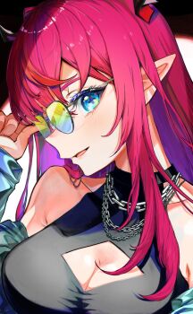 1girl bare_shoulders black_horns black_shirt blue_eyes breasts cleavage highres hololive hololive_english horns iris_(tb33064667) irys_(hololive) large_breasts multicolored_hair pointy_ears purple_hair red_hair shirt solo sunglasses two-tone_hair upper_body virtual_youtuber