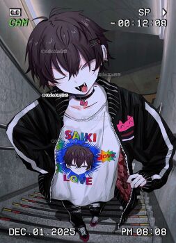 Rule 34 | 1boy, antenna hair, black choker, black hair, black jacket, black pants, choker, dated, ear piercing, fangs, from above, full body, hair between eyes, hair ornament, hairclip, highres, jacket, long sleeves, male focus, nijisanji, official alternate costume, on stairs, one eye closed, open clothes, open jacket, open mouth, pants, piercing, print shirt, purple eyes, saiki ittetsu, saiki ittetsu (2nd costume), shirt, short hair, smile, solo, stairs, stone stairs, tongue, virtual youtuber, xdoxa89