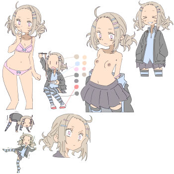 &gt;_&lt; 1girl absurdres black_jacket black_skirt bra breasts brown_hair chibi chopsticks collarbone color_guide cropped_legs double_bun flat_color food forehead grin hair_bun highres jacket masikakuma multiple_views nattou navel nipples open_clothes open_jacket original panties pink_bra pink_panties pleated_skirt reference_sheet shoes simple_background sitting skirt small_breasts smile solid_eyes solid_oval_eyes standing standing_on_one_leg striped_clothes striped_thighhighs thighhighs underwear undressing white_background