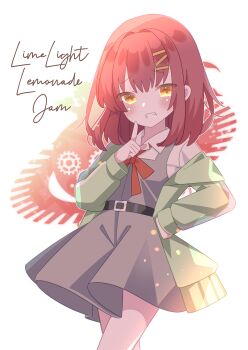 Rule 34 | 1girl, 9ra4ki33, :d, absurdres, belt, black belt, blush, bow, bowtie, character name, collared shirt, commentary, cowboy shot, dress, eyes visible through hair, furrowed brow, futamihara ririko, gears, grey dress, grin, hair between eyes, hair intakes, hair ornament, hairclip, hand on own hip, hand up, highres, index finger raised, jacket, limelight lemonade jam, long sleeves, looking at viewer, medium hair, open clothes, open jacket, open mouth, parallel hairclips, red bow, red bowtie, red hair, school uniform, shirt, simple background, sleeveless, sleeveless dress, smile, smug, solo, straight hair, track jacket, white background, white shirt, yellow eyes