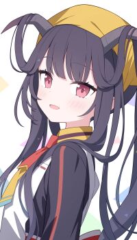 1girl absurdres apron black_dress black_hair black_horns blue_archive blush chinese_commentary collared_dress commentary_request demon_horns dress from_side fuuka_(blue_archive) hair_on_horn headscarf highres horns jyt long_hair long_sidelocks looking_at_viewer making-of_available multicolored_necktie necktie no_halo open_mouth red_eyes red_necktie sidelocks smile solo upper_body white_apron white_background yellow_headscarf yellow_necktie