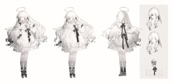 Rule 34 | 1girl, absurdres, artist name, black bow, blunt bangs, bow, closed eyes, dress, eyelashes, eyepatch, feathered wings, gradient hair, grey eyes, grey shoes, hair bow, halo, heterochromia, highres, jacket, kneehighs, long hair, long sleeves, mirror, multicolored hair, original, red eyes, reference sheet, shen a fang, shoes, socks, watermark, white background, white dress, white hair, white halo, white socks, white wings, wings