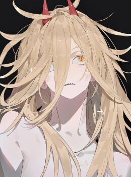 1girl absurdres bare_shoulders bird2120rm black_background chainsaw_man cross-shaped_pupils demon_girl demon_horns dirty dirty_face hair_between_eyes highres horns long_hair looking_to_the_side nude power_(chainsaw_man) red_horns sharp_teeth solo symbol-shaped_pupils teeth