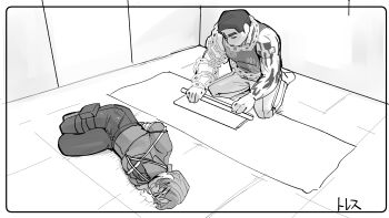 Rule 34 | 2boys, absurdres, arm tattoo, arms behind back, bare shoulders, bdsm, beard stubble, bondage, bound, bound arms, bound wrists, chain, chain necklace, chained, chained arm, chest tattoo, closed eyes, closed mouth, collared jacket, drooling, facial hair, facial tattoo, formal clothes, from above, from side, full body, glasses, gregor (project moon), greyscale, hair between eyes, hair slicked back, highres, holding, indoors, jacket, jewelry, kneeling, lapels, leaning forward, limbus company, long hair, long sleeves, looking down, low ponytail, lying, male focus, meursault (project moon), middle (identity) (project moon), monochrome, multiple boys, muscular, muscular male, neck tattoo, necklace, official alternate costume, okazu1324343, on floor, on side, open mouth, pants, parted bangs, pectoral bondage, pectorals, photoshop (medium), ponytail, pouch, project moon, restrained, rope, saliva pool, seiza, semi-rimless eyewear, shibari, shibari over clothes, shirt, short hair, shoulder tattoo, signature, simple background, sitting, sleeveless, sleeveless shirt, stubble, tank top, tattoo, tattoo on neck, tattoo on shoulder, thigh pouch, thigh strap, tied up (nonsexual), twinhook pirates (identity) (project moon), under-rim eyewear, white background, yaoi