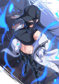 1girl bare_shoulders baseball_cap belt black_belt black_boots black_hair black_mask black_pants black_shirt blue_archive blue_eyes blue_hair blue_halo blunt_bangs boots breasts buckle chest_harness coat colored_inner_hair commentary crop_top full_body gloves groin halo hand_in_pocket harness hat highres knee_boots knife_sheath large_breasts legs long_hair looking_at_viewer mask midriff mouth_mask multicolored_hair navel off_shoulder open_clothes open_coat pants saori_(blue_archive) sheath shirt sidelocks sleeveless sleeveless_shirt snap-fit_buckle solo standing suigetu26 thigh_sheath thighs toned white_coat zoom_layer