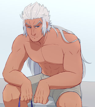 Rule 34 | 1boy, absurdres, alternate hairstyle, aquiline nose, bara, blue eyes, catovyen, classicaloid, closed mouth, commentary, english commentary, facial hair, goatee stubble, grey hair, highres, holding, holding ribbon, johann sebastian bach (classicaloid), long hair, looking at viewer, male focus, muscular, muscular male, mustache stubble, nose, pectorals, ribbon, sitting, solo, stubble, topless male, v-shaped eyebrows