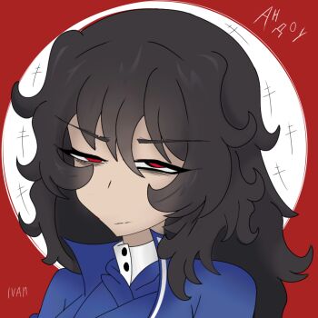 1girl andou_(girls_und_panzer) artist_name bc_freedom_military_uniform bc_freedom_school_uniform black_hair blue_dress circle cross dark_skin dress explosion girls_und_panzer high_collar highres long_bangs non-web_source portrait red_background red_eyes school_uniform serious