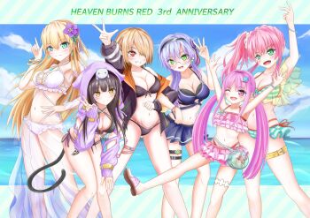 6+girls aikawa_megumi arms_up asakura_karen_(heaven_burns_red) bikini bikini_skirt black_bikini black_hair blonde_hair breasts cat_tail cleavage closed_mouth flip-flops flower frilled_bikini frills glasses green_eyes grin hair_flower hair_ornament hair_over_one_eye heaven_burns_red highres hood hoodie izumi_yuki_(heaven_burns_red) jacket jewelry kayamori_ruka kiri_giri41 kunimi_tama large_breasts long_hair looking_at_viewer medium_breasts multiple_girls navel ocean on_head one_eye_closed open_mouth pink_eyes pink_hair purple_hair red_eyes sandals short_hair side_ponytail small_breasts smile standing striped_bikini striped_clothes swimsuit tail thigh_strap toujou_tsukasa twintails v w white_bikini yellow_eyes