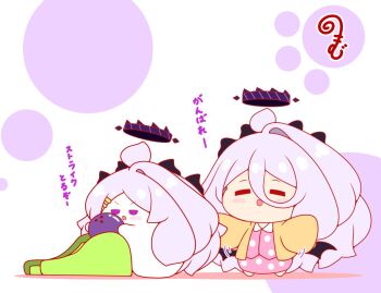 Rule 34 | 1girl, :d, ahoge, ball, blue archive, blush, bowling ball, brown jacket, closed eyes, collared shirt, colored shadow, commentary request, grey hair, hair between eyes, hair ornament, hairclip, halo, hina (blue archive), hina (pajamas) (blue archive), horns, jacket, kurukurumagical, long hair, long sleeves, open clothes, open jacket, open mouth, pink shirt, pink skirt, polka dot, polka dot shirt, polka dot skirt, purple eyes, shadow, shirt, single hair intake, skirt, sleeves past fingers, sleeves past wrists, smile, standing, translation request, v-shaped eyebrows, very long hair, white background