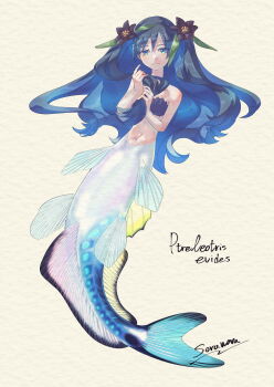 artist_name bikini blue_eyes blue_hair commentary_request fins flower green_eyes green_leaf groin hair_flower hair_ornament highres holding holding_own_hair long_hair looking_at_viewer mermaid monster_girl multicolored_eyes multicolored_tail navel original purple_flower scientific_name serious shell shell_bikini soramaru_ell spines swimsuit tail twitter_username two-tone_eyes watermark