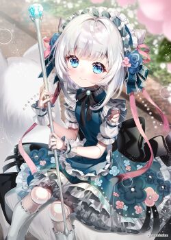 1girl blue_dress blue_eyes blue_flower blue_gem brooch chi_no commentary commission detached_sleeves doll_joints dress flower flower_hairband frilled_dress frilled_hairband frills gem hairband highres holding holding_scepter indie_virtual_youtuber jewelry joints looking_at_viewer medium_hair pink_ribbon ribbon scepter short_sleeves sia_granny_(vtuber) sitting skeb_commission sleeveless sleeveless_dress smile solo symbol-only_commentary virtual_youtuber white_hair wrist_cuffs