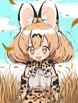 +_+ 1girl animal_ears bare_shoulders belt blonde_hair blue_sky bow bowtie cat_ears cat_girl commentary elbow_gloves extra_ears gloves highres kemono_friends looking_at_viewer notora outdoors serval_(kemono_friends) shirt short_hair skirt sky sleeveless sleeveless_shirt solo symbol-only_commentary white_shirt yellow_eyes